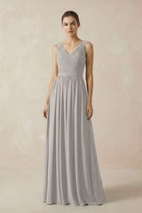 A-Line V-Neck Pleated Chiffon Bridesmaid Dress in Silver - KISS BRIDAL BRIDESMAID DRESSES