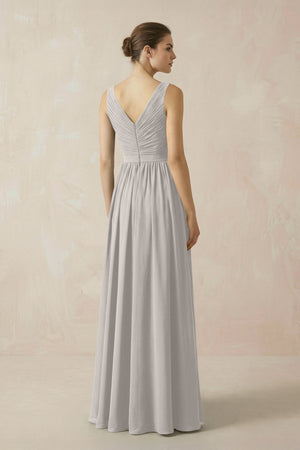 A-Line V-Neck Pleated Chiffon Bridesmaid Dress in Silver - SHE IS ME BRIDESMAID DRESSES