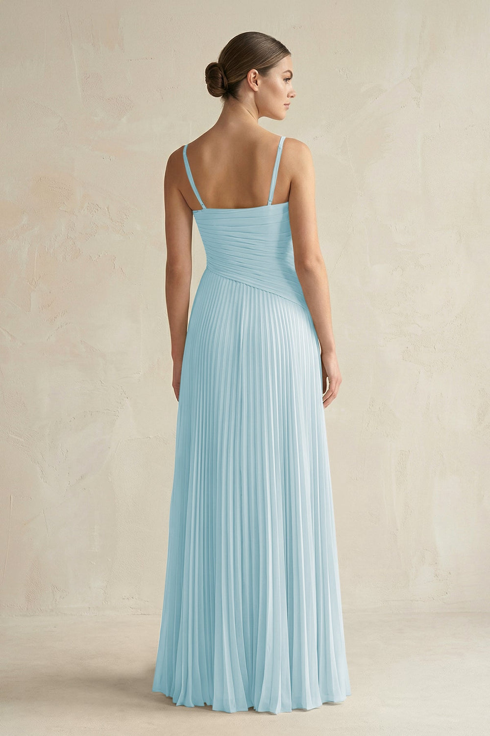 Pleated A-Line Long Chiffon Bridesmaid Dress in Sky Blue