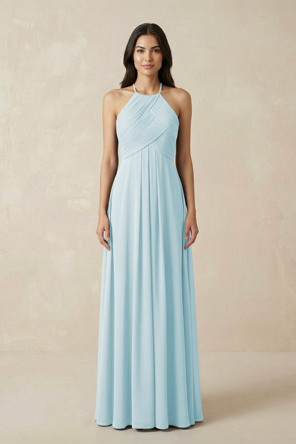 A-Line Halter Neck Pleated Chiffon Bridesmaid Dress in Sky Blue - KISS BRIDAL BRIDESMAID DRESSES