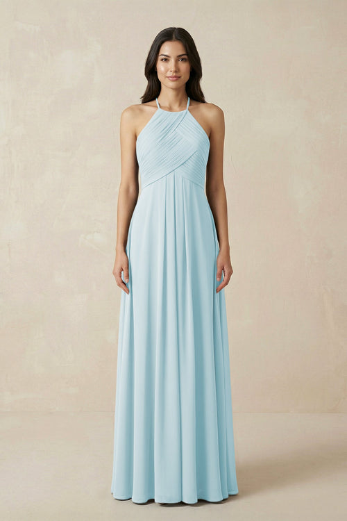 A-Line Halter Neck Pleated Chiffon Bridesmaid Dress in Sky Blue - KISS BRIDAL BRIDESMAID DRESSES