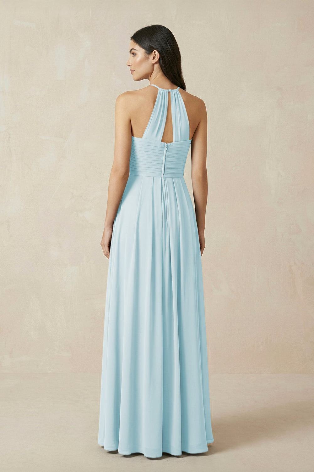 A-Line Halter Neck Pleated Chiffon Bridesmaid Dress in Sky Blue - KISS BRIDAL BRIDESMAID DRESSES