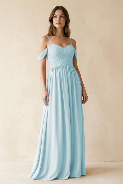 A-Line Off-the-Shoulder Pleated Chiffon Bridesmaid Dress in Sky Blue - SHE IS ME BRIDESMAID DRESSES