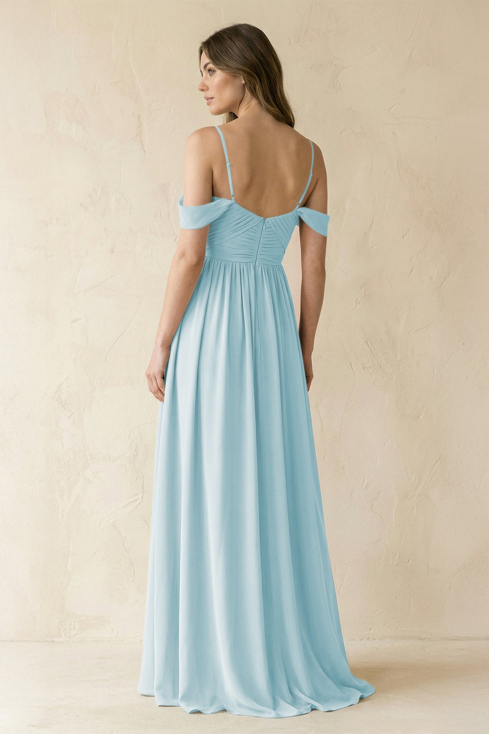 A-Line Off-the-Shoulder Pleated Chiffon Bridesmaid Dress in Sky Blue - KISS BRIDAL BRIDESMAID DRESSES