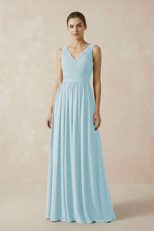 A-Line V-Neck Pleated Chiffon Bridesmaid Dress in Sky Blue - SHE IS ME BRIDESMAID DRESSES