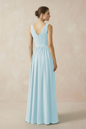 A-Line V-Neck Pleated Chiffon Bridesmaid Dress in Sky Blue - SHE IS ME BRIDESMAID DRESSES