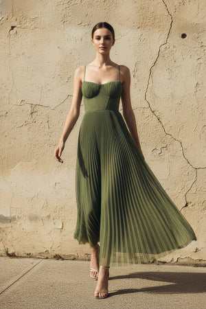 Pleated Spaghetti Straps Corset Maxi Dress in Olive - SHE IS ME