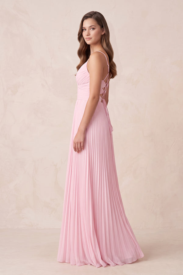 Pink Pleated Spaghetti Straps Maxi Dress - KISS BRIDAL PROM DRESSES