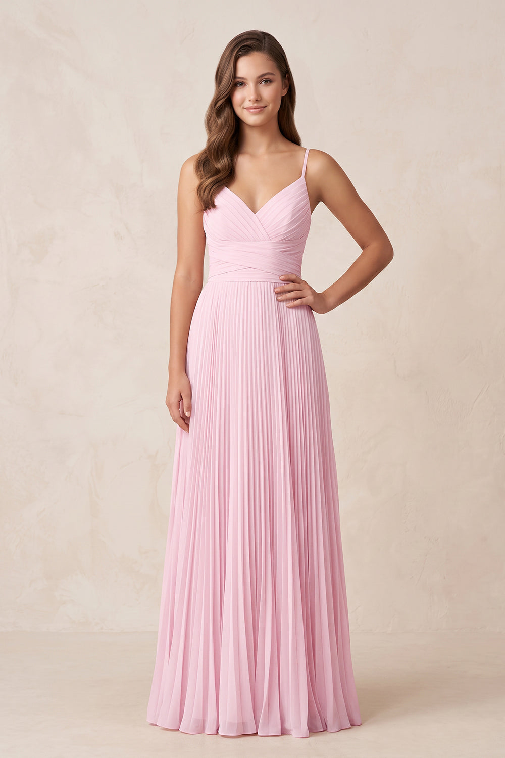 Pleated Spaghetti Straps Maxi Dress in Pink