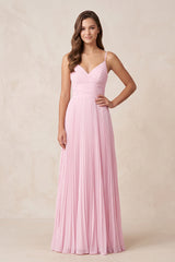 Pink Pleated Spaghetti Straps Maxi Dress - KISS BRIDAL PROM DRESSES
