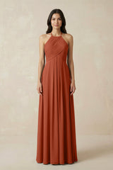 A-Line Halter Neck Pleated Chiffon Bridesmaid Dress in Spice - KISS BRIDAL BRIDESMAID DRESSES