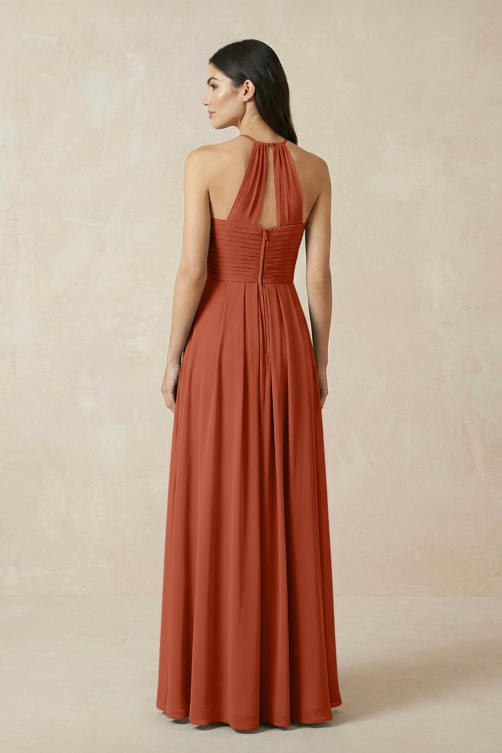 A-Line Halter Neck Pleated Chiffon Bridesmaid Dress in Spice - KISS BRIDAL BRIDESMAID DRESSES
