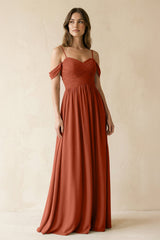 A-Line Off-the-Shoulder Pleated Chiffon Bridesmaid Dress in Spice - KISS BRIDAL BRIDESMAID DRESSES