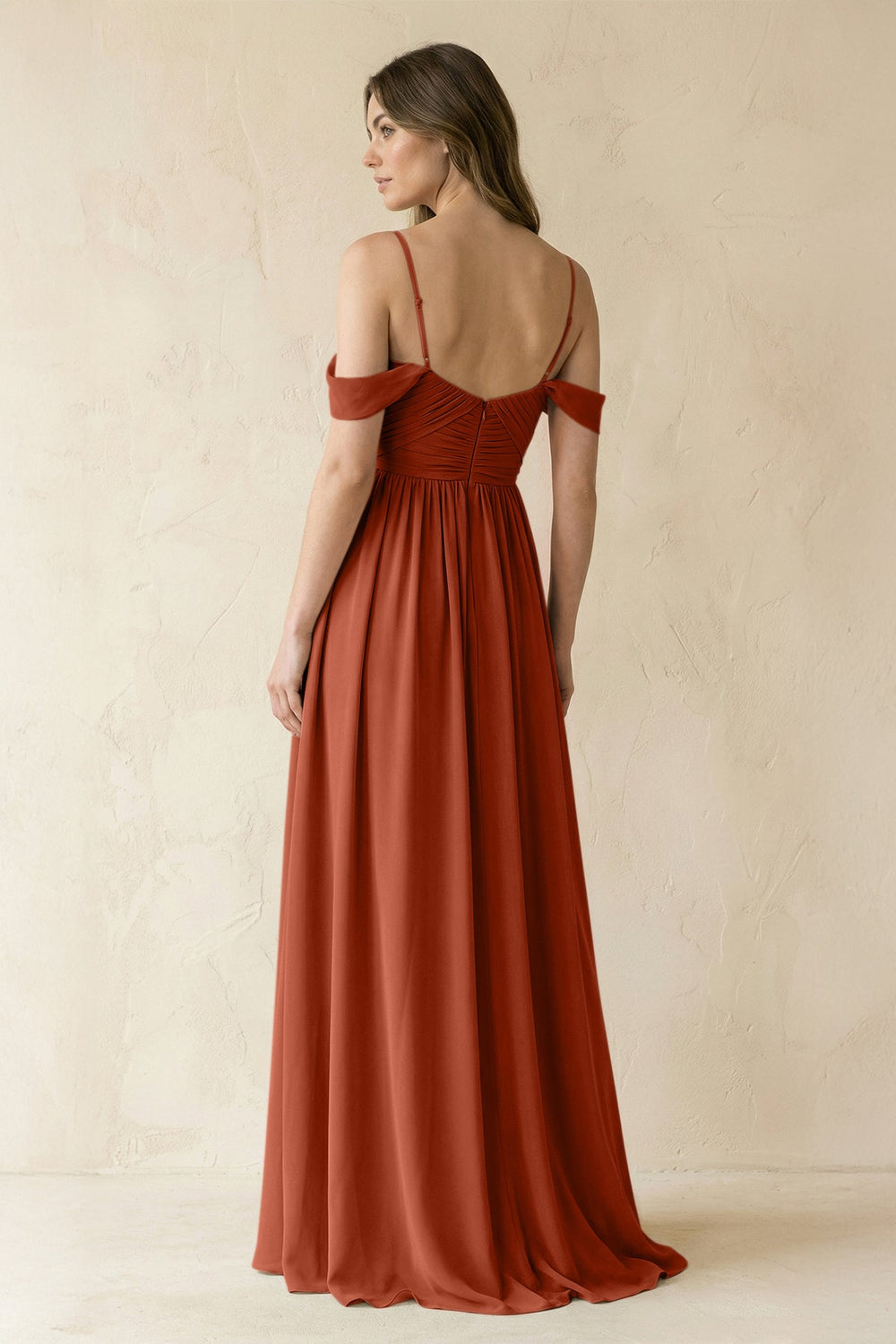A-Line Off-the-Shoulder Pleated Chiffon Bridesmaid Dress in Spice - KISS BRIDAL BRIDESMAID DRESSES