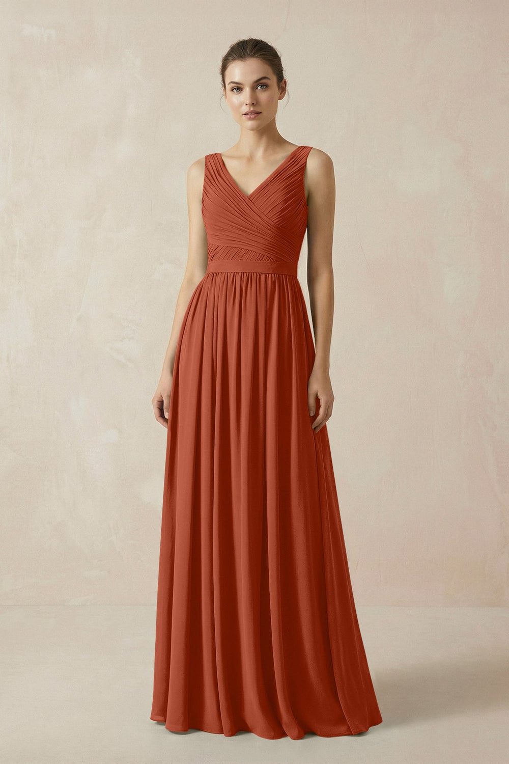 A-Line V-Neck Pleated Chiffon Bridesmaid Dress in Spice - KISS BRIDAL BRIDESMAID DRESSES