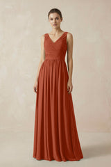A-Line V-Neck Pleated Chiffon Bridesmaid Dress in Spice - KISS BRIDAL BRIDESMAID DRESSES
