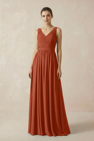 A-Line V-Neck Pleated Chiffon Bridesmaid Dress in Spice - SHE IS ME BRIDESMAID DRESSES