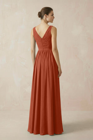 A-Line V-Neck Pleated Chiffon Bridesmaid Dress in Spice - SHE IS ME BRIDESMAID DRESSES