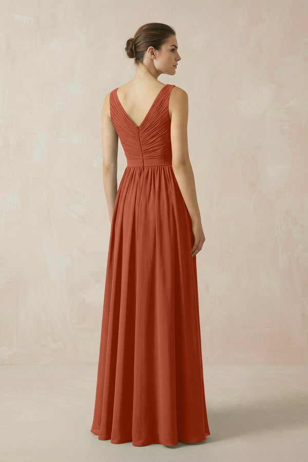 A-Line V-Neck Pleated Chiffon Bridesmaid Dress in Spice - SHE IS ME BRIDESMAID DRESSES