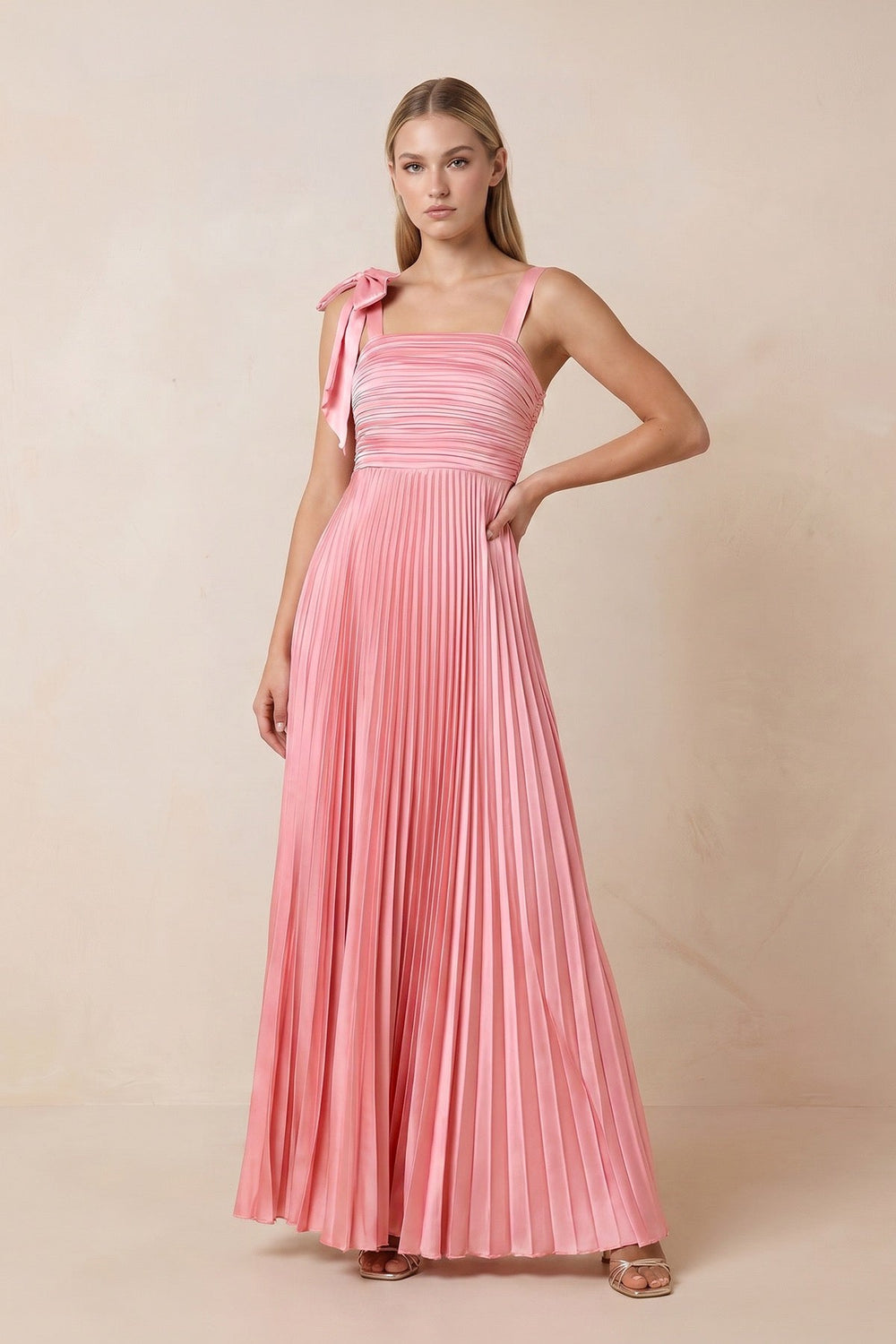 Pleated Square Neck A-Line Maxi Dress with Bow in Rosette – KISS BRIDAL Dresses
