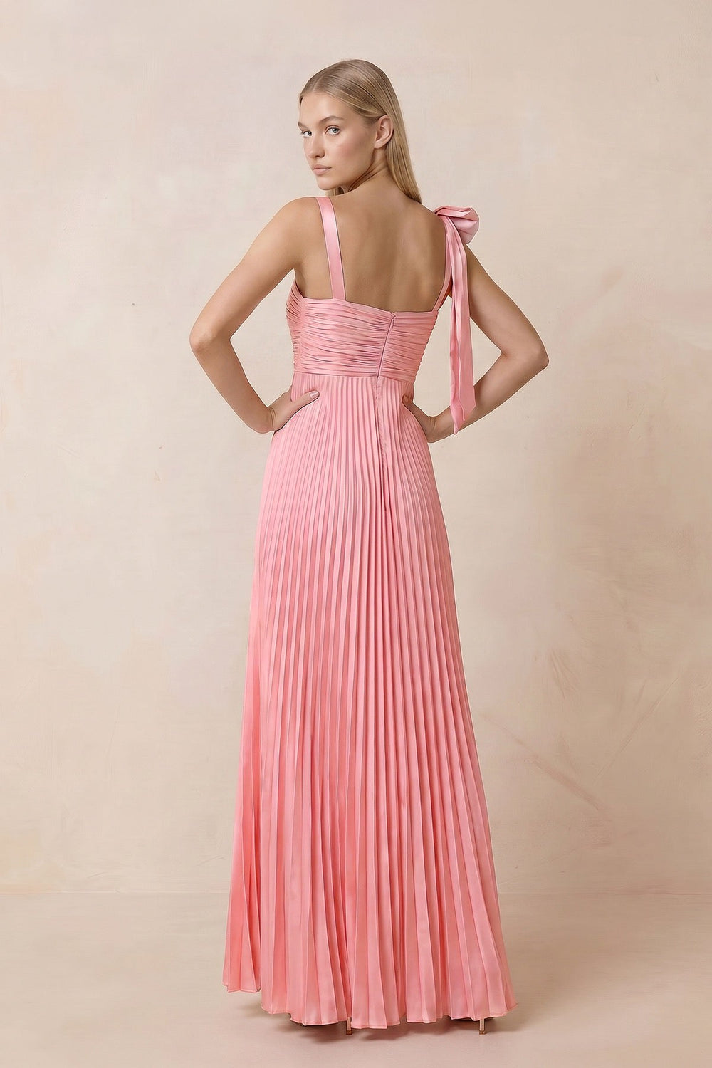 Pleated Square Neck A-Line Maxi Dress with Bow in Rosette – KISS BRIDAL Dresses