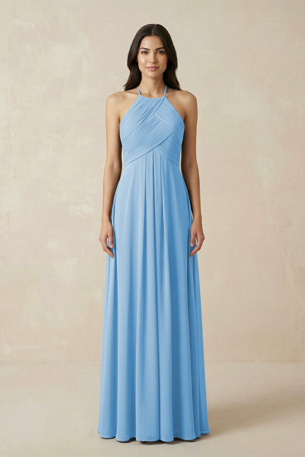 A-Line Halter Neck Pleated Chiffon Bridesmaid Dress in Steel Blue - KISS BRIDAL BRIDESMAID DRESSES