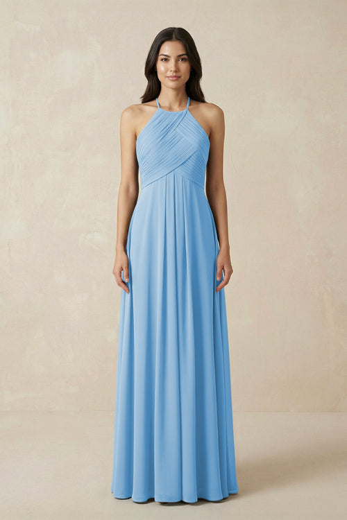 A-Line Halter Neck Pleated Chiffon Bridesmaid Dress in Steel Blue - SHE IS ME BRIDESMAID DRESSES
