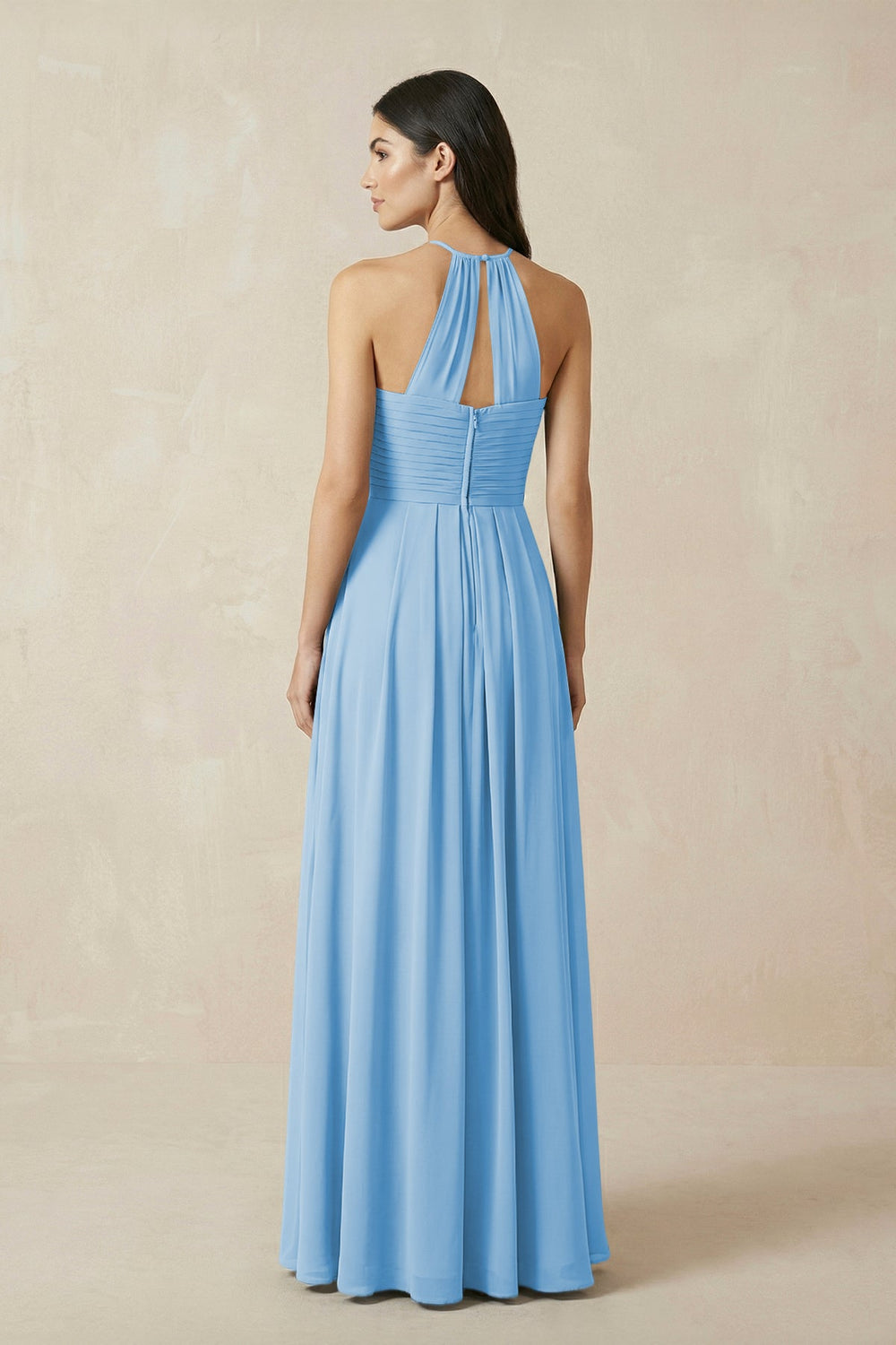 A-Line Halter Neck Pleated Chiffon Bridesmaid Dress in Steel Blue - KISS BRIDAL BRIDESMAID DRESSES