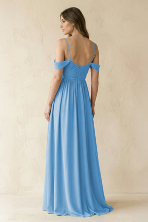 A-Line Off-the-Shoulder Pleated Chiffon Bridesmaid Dress in Steel Blue - SHE IS ME BRIDESMAID DRESSES