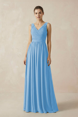A-Line V-Neck Pleated Chiffon Bridesmaid Dress in Steel Blue - SHE IS ME BRIDESMAID DRESSES