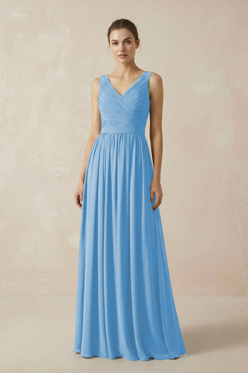 A-Line V-Neck Pleated Chiffon Bridesmaid Dress in Steel Blue - SHE IS ME BRIDESMAID DRESSES