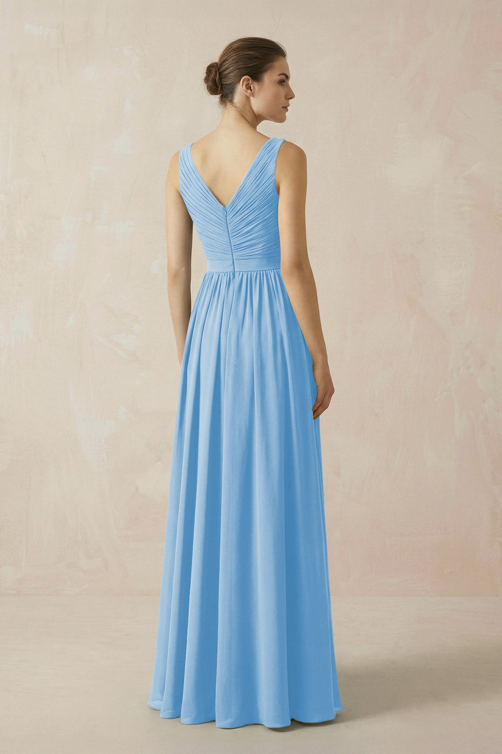 A-Line V-Neck Pleated Chiffon Bridesmaid Dress in Steel Blue - KISS BRIDAL BRIDESMAID DRESSES