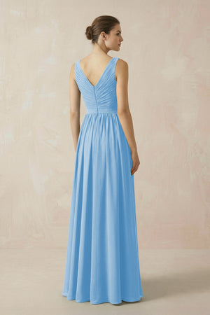 A-Line V-Neck Pleated Chiffon Bridesmaid Dress in Steel Blue - SHE IS ME BRIDESMAID DRESSES