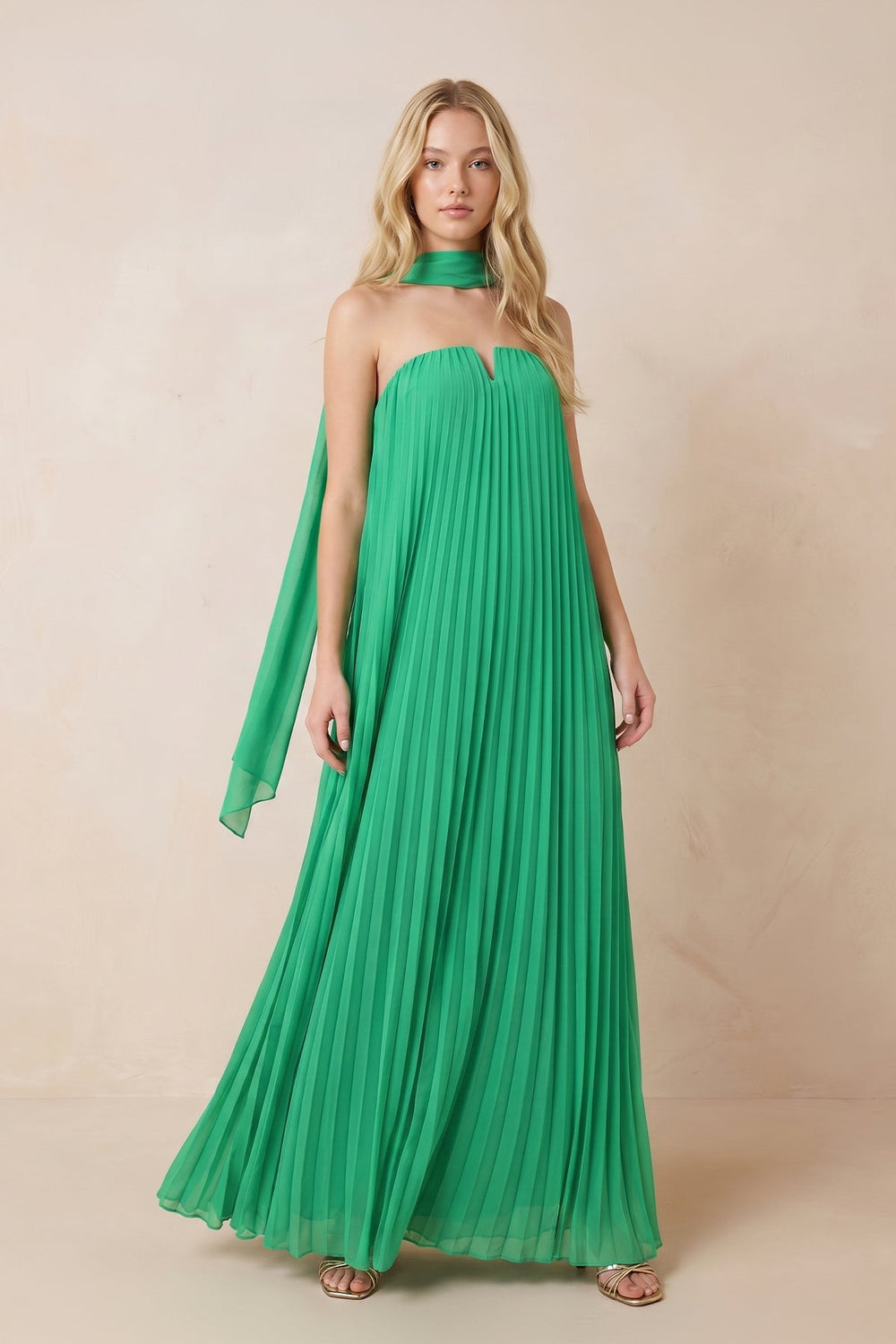 Pleated Strapless A - Line Maxi Dress With Scarf in Green - KISS BRIDAL Dresses