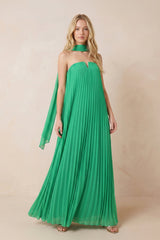 Pleated Strapless A - Line Maxi Dress With Scarf in Green - KISS BRIDAL Dresses