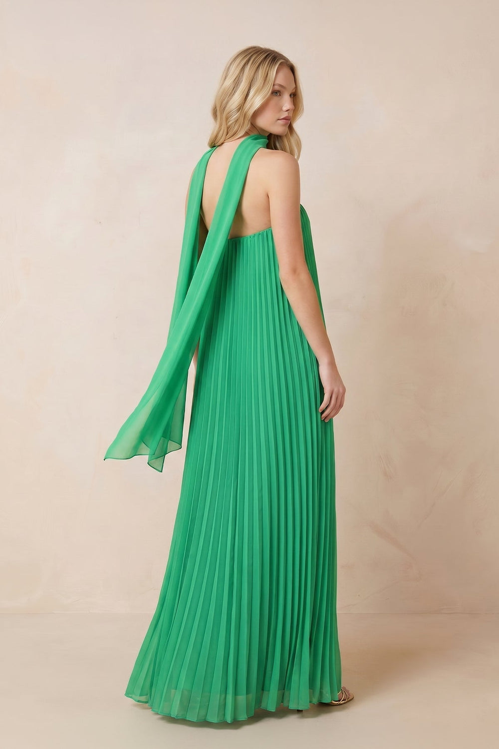 Pleated Strapless A - Line Maxi Dress With Scarf in Green - KISS BRIDAL Dresses