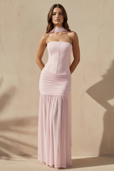 Pleated Strapless Maxi Dress with Scarf in Pink - KISS BRIDAL
