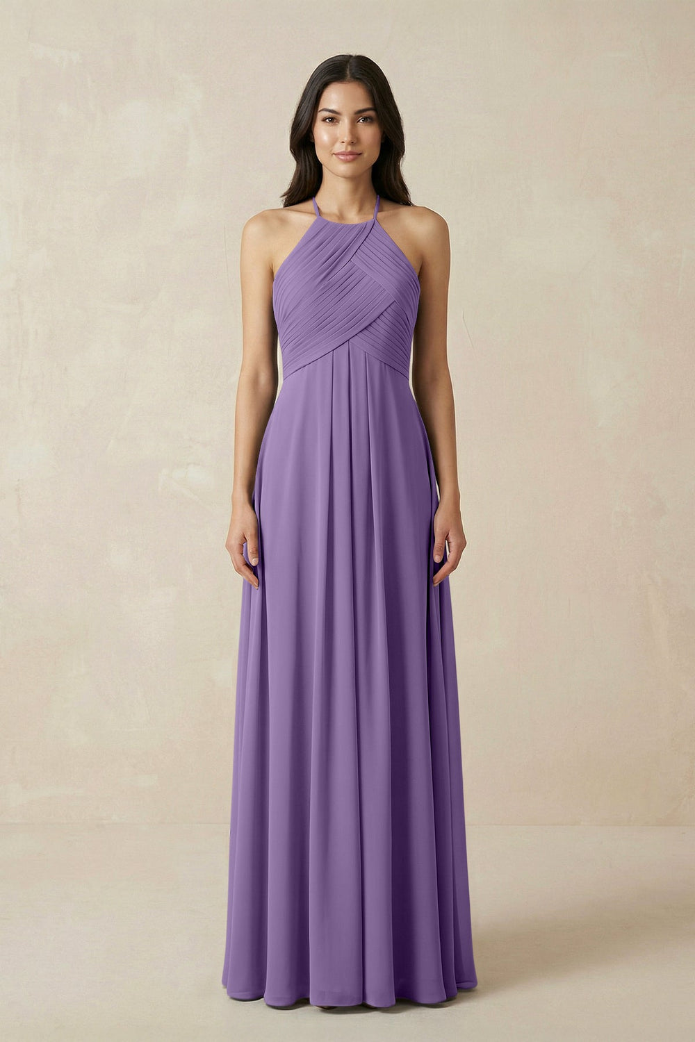 A-Line Halter Neck Pleated Chiffon Bridesmaid Dress in Tahiti - KISS BRIDAL BRIDESMAID DRESSES