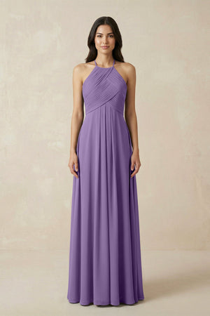 A-Line Halter Neck Pleated Chiffon Bridesmaid Dress in Tahiti - SHE IS ME BRIDESMAID DRESSES