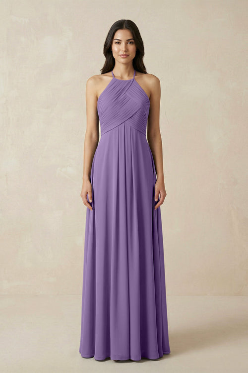 A-Line Halter Neck Pleated Chiffon Bridesmaid Dress in Tahiti - SHE IS ME BRIDESMAID DRESSES