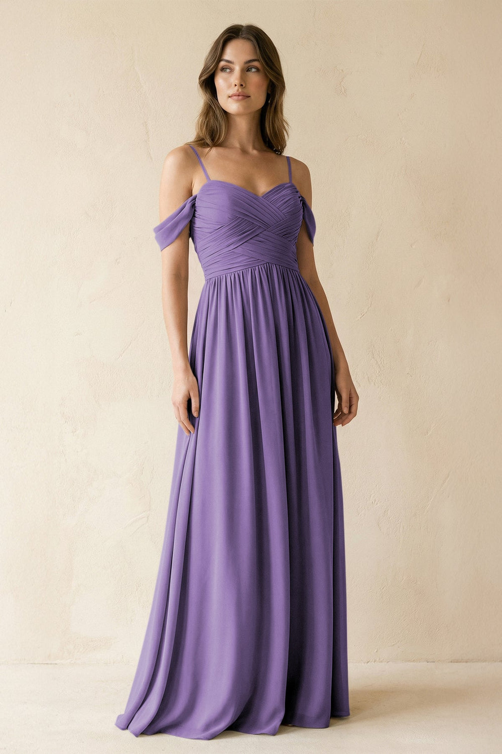 A-Line Off-the-Shoulder Pleated Chiffon Bridesmaid Dress in Tahiti - KISS BRIDAL BRIDESMAID DRESSES