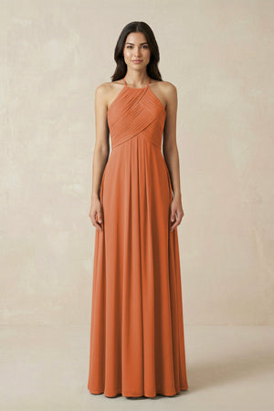 A-Line Halter Neck Pleated Chiffon Bridesmaid Dress in Terracotta - KISS BRIDAL BRIDESMAID DRESSES