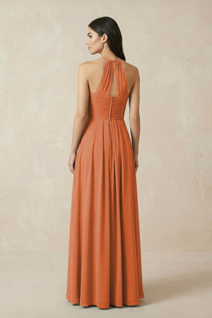 A-Line Halter Neck Pleated Chiffon Bridesmaid Dress in Terracotta - KISS BRIDAL BRIDESMAID DRESSES