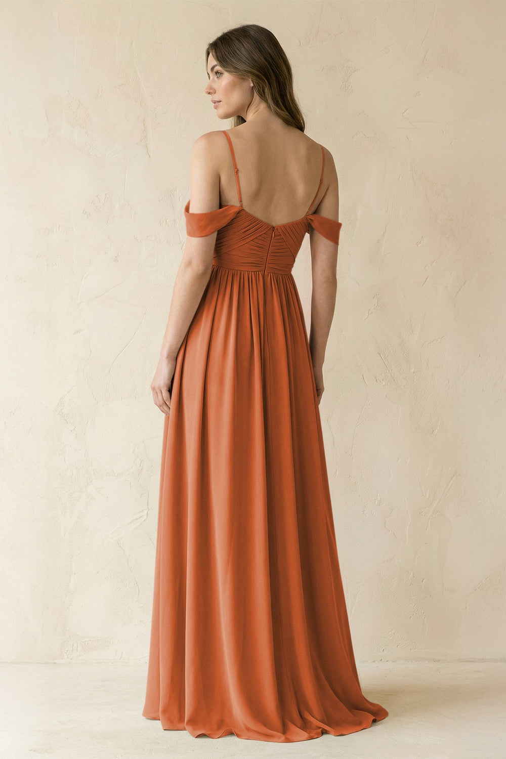 A-Line Off-the-Shoulder Pleated Chiffon Bridesmaid Dress in Terracotta - KISS BRIDAL BRIDESMAID DRESSES