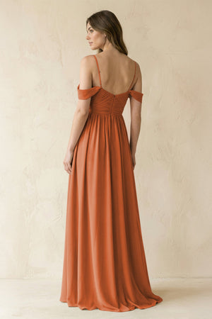 A-Line Off-the-Shoulder Pleated Chiffon Bridesmaid Dress in Terracotta - SHE IS ME BRIDESMAID DRESSES