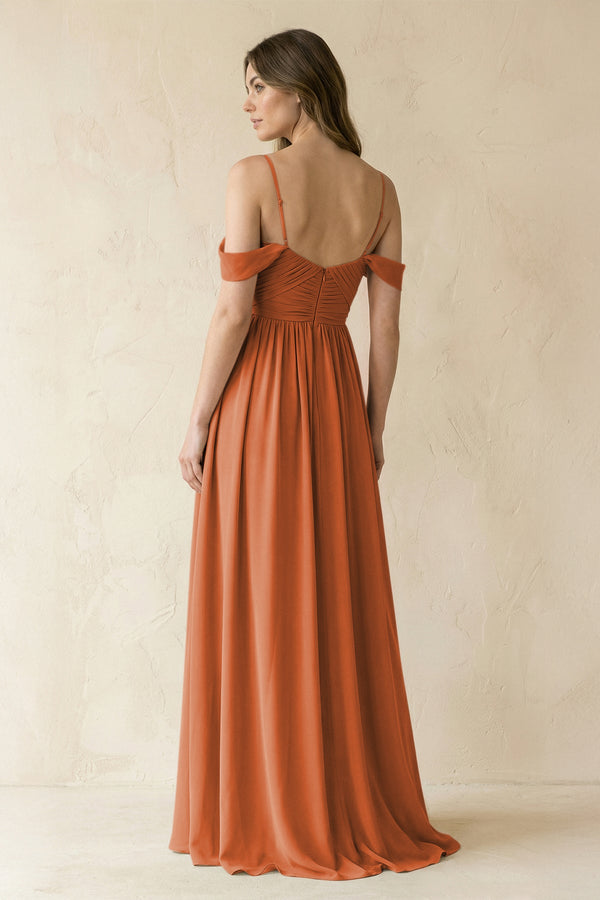 A-Line Off-the-Shoulder Pleated Chiffon Bridesmaid Dress in Terracotta - SHE IS ME BRIDESMAID DRESSES