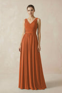 A-Line V-Neck Pleated Chiffon Bridesmaid Dress in Terracotta - SHE IS ME BRIDESMAID DRESSES
