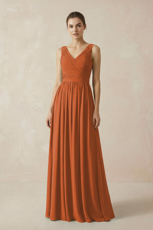 A-Line V-Neck Pleated Chiffon Bridesmaid Dress in Terracotta - SHE IS ME BRIDESMAID DRESSES
