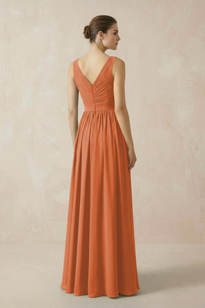 A-Line V-Neck Pleated Chiffon Bridesmaid Dress in Terracotta - SHE IS ME BRIDESMAID DRESSES