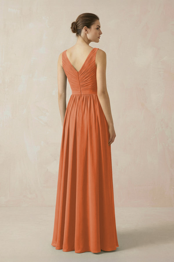 A-Line V-Neck Pleated Chiffon Bridesmaid Dress in Terracotta - SHE IS ME BRIDESMAID DRESSES